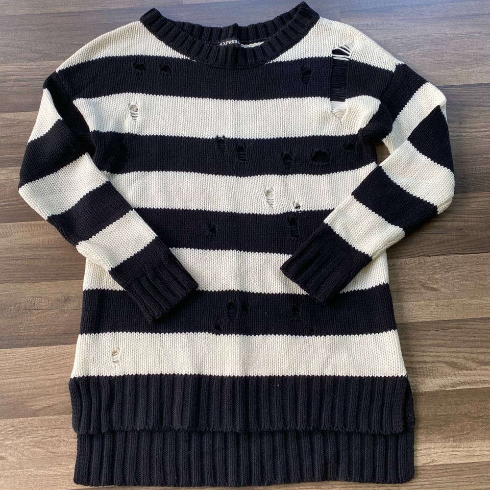 Express Black & White Striped Distressed Sweater M